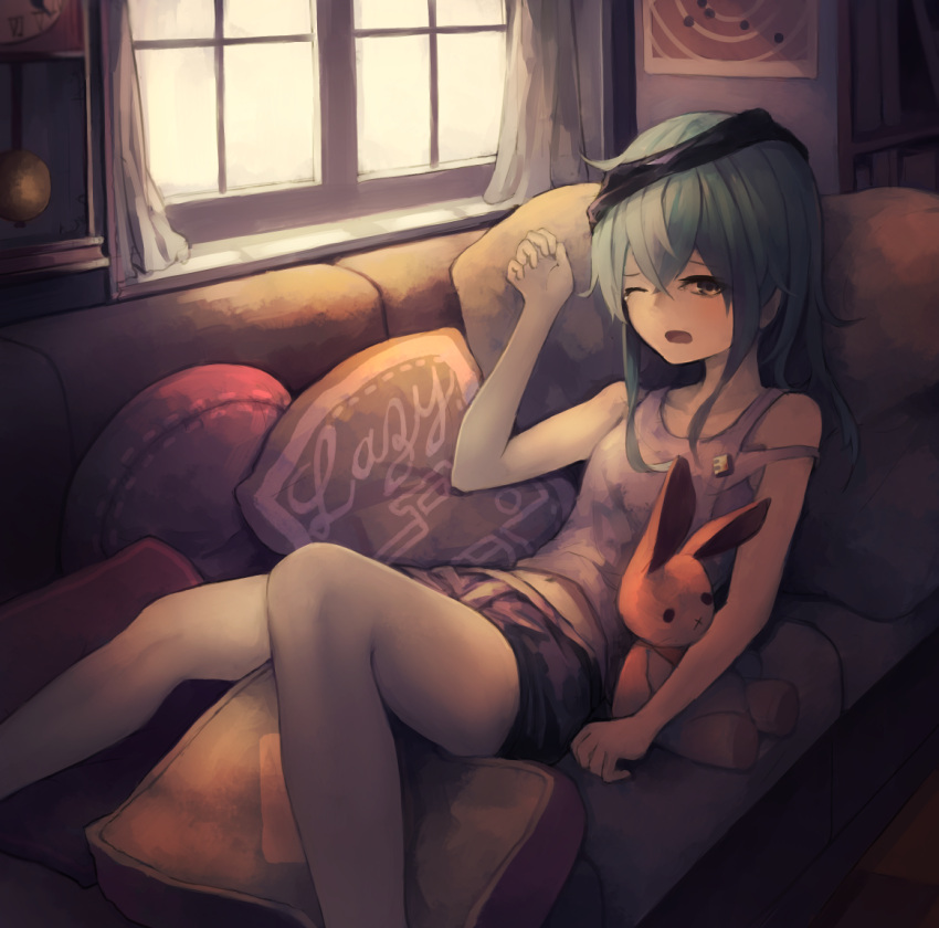 1girl bangs bare_shoulders black_shorts clock collarbone eyebrows_visible_through_hair g11_(girls_frontline) girls_frontline grey_eyes hair_between_eyes hand_up long_hair looking_at_viewer lying messy_hair navel on_back on_bed one_eye_closed open_mouth pillow scarf_on_head shorts shoulder_cutout silver_hair solo stuffed_animal stuffed_toy suginakara_(user_ehfp8355 toy