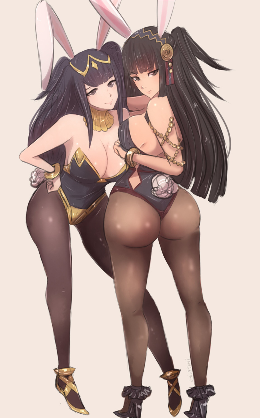 2girls absurdres animal_ears artist_name bangle bare_shoulders black_eyes black_hair bracelet breasts bunny_tail bunnysuit cleavage eyebrows_visible_through_hair fire_emblem fire_emblem:_kakusei fire_emblem_if highres jewelry large_breasts long_hair looking_at_viewer looking_back multiple_girls nintendo omiza_somi rabbit_ears sideboob simple_background smile standing syalla_(fire_emblem_if) tail tharja