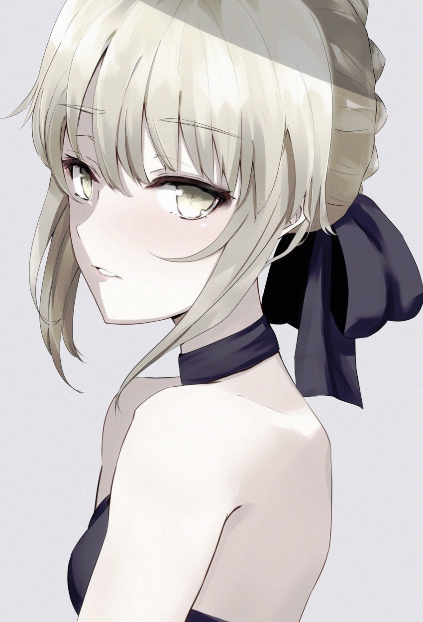 1girl artoria_pendragon_(all) artoria_pendragon_(lancer_alter) bangs bare_shoulders blonde_hair braid breasts choker commentary_request eyebrows_visible_through_hair face fate/grand_order fate_(series) from_side hair_between_eyes hair_ornament hair_ribbon highres ka1se1 large_breasts looking_at_viewer parted_lips ribbon short_hair simple_background sleeveless solo strapless white_background yellow_eyes