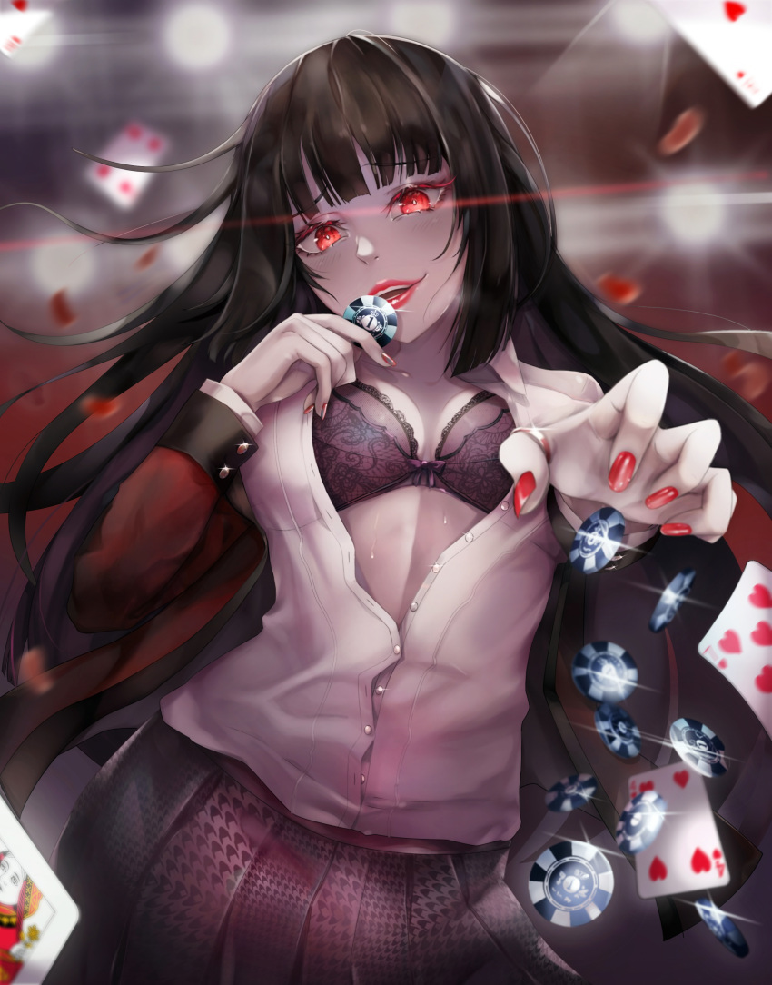 1girl absurdres akais bangs black_bow black_bra black_hair blunt_bangs blurry blurry_background blush bow bra breasts card commentary eyebrows_visible_through_hair highres hime_cut jabami_yumeko jacket jewelry kakegurui large_breasts lips long_hair long_sleeves looking_at_viewer nail_polish open_mouth playing_card pleated_skirt poker_chip red_eyes red_jacket red_lips ring school_uniform shirt skirt smile solo underwear very_long_hair white_shirt