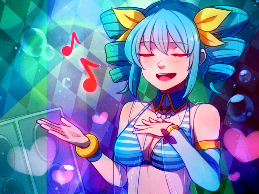 1girl :d air_bubble argyle argyle_background bangs bare_shoulders bikini_top blue_hair breasts bubble cleavage closed_eyes detached_sleeves drill_hair eyebrows_visible_through_hair eyes_visible_through_hair hair_between_eyes hair_ribbon hand_on_own_chest heart medium_breasts medium_hair music musical_note open_mouth rabi-ribi ribbon seana_(rabi_ribi) see-through singing single_detached_sleeve smile solo speckticuls striped_bikini_top underwater upper_body yellow_ribbon