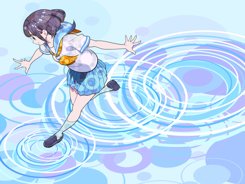 1girl abstract_background bangs black_footwear black_hair blue_eyes blue_sailor_collar blue_skirt bob_cut neckerchief nobile1031 orange_neckwear original outstretched_arms pleated_skirt profile ripples sailor_collar shirt shoes short_hair short_sleeves skirt smile solo white_shirt