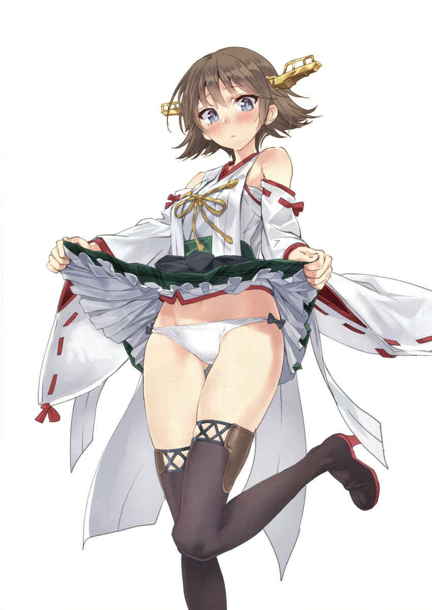 1girl absurdres bangs bare_shoulders blue_eyes blush boots brown_hair closed_mouth detached_sleeves embarrassed eyebrows_visible_through_hair fingernails flipped_hair green_skirt hair_ornament hairband headgear hiei_(kantai_collection) highres japanese_clothes kantai_collection leg_up looking_at_viewer looking_down miniskirt no_legwear nontraditional_miko panties plaid plaid_skirt scan shiny shiny_hair short_hair side-tie_panties skirt skirt_lift solo thigh-highs thigh_boots underwear wide_sleeves yahako