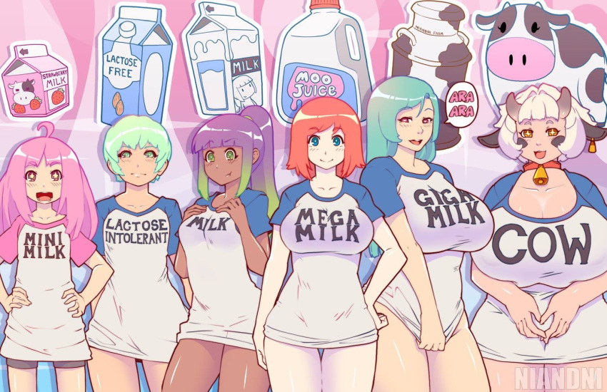 +_+ 6+girls aqua_hair artist_name bangs bell bell_collar blue_eyes blunt_bangs blush bottle breasts cleavage collar cow_girl cow_horns cowboy_shot curvy dark_skin eyebrows_visible_through_hair gradient_hair green_eyes green_hair hand_on_hip heart heart-shaped_pupils horns huge_breasts large_breasts long_hair looking_at_viewer medium_breasts medium_hair mega_milk milk milk_bottle milk_carton multicolored_hair multiple_girls niandni open_mouth orange_eyes orange_hair original pink_eyes pink_hair ponytail print_shirt purple_hair shirt short_hair short_sleeves sidelocks small_breasts smile speech_bubble star star-shaped_pupils symbol-shaped_pupils thick_thighs thighs white_hair wide_hips