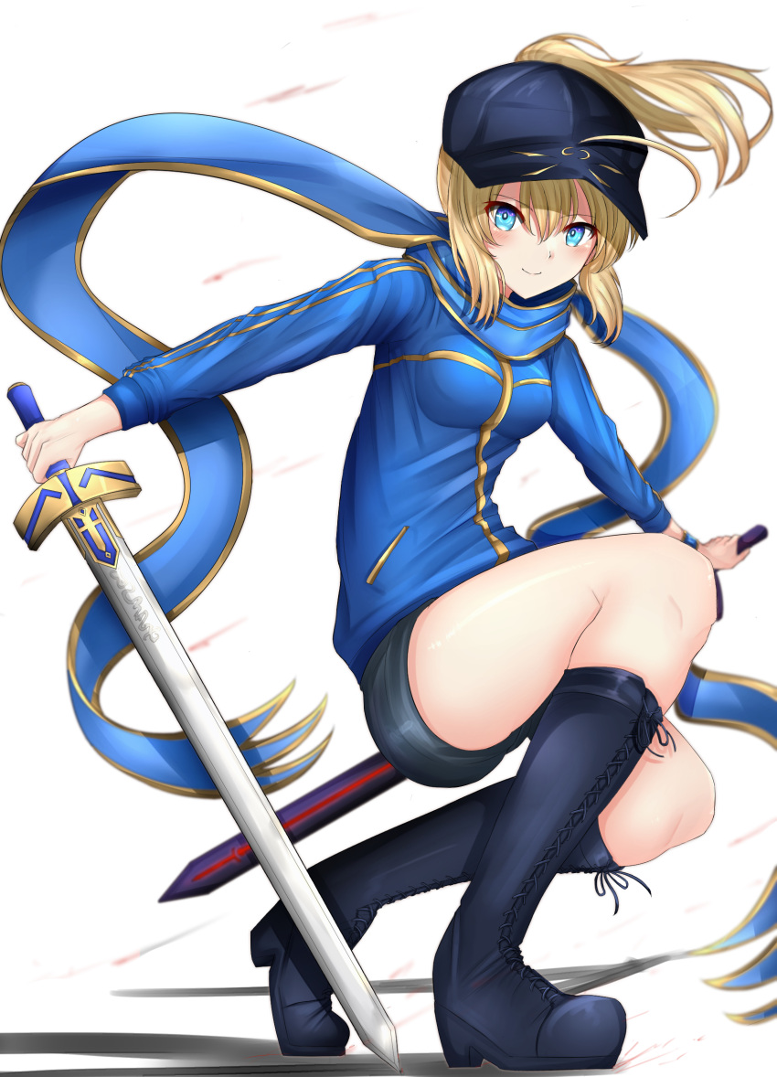 1girl absurdres ahoge artoria_pendragon_(all) azarashi_(azrsot) black_footwear black_shorts blonde_hair blue_eyes blue_headwear blue_jacket blue_scarf blush boots dark_excalibur dual_wielding excalibur eyebrows_visible_through_hair fate/grand_order fate_(series) floating_hair hair_between_eyes hat highres holding holding_sword holding_weapon jacket knee_boots long_hair long_sleeves looking_at_viewer mysterious_heroine_x outstretched_arms peaked_cap ponytail scarf shiny shiny_skin short_shorts shorts smile solo squatting sword weapon white_background wristband