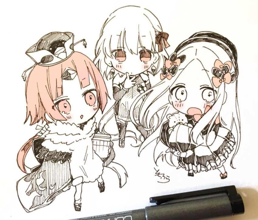 3girls :o abigail_williams_(fate/grand_order) apron bangs benienma_(fate/grand_order) blush bow bug butterfly chibi closed_mouth detached_sleeves dress eyebrows_visible_through_hair fate/grand_order fate_(series) forehead hair_between_eyes hair_bow hand_up hat highres holding holding_stuffed_animal insect japanese_clothes kama_(fate/grand_order) kimono long_hair long_sleeves multiple_girls open_mouth parted_bangs parted_lips photo shoes signature skirt sleeves_past_fingers sleeves_past_wrists sofra standing stuffed_animal stuffed_toy teddy_bear thigh-highs traditional_media very_long_hair white_background wide_sleeves