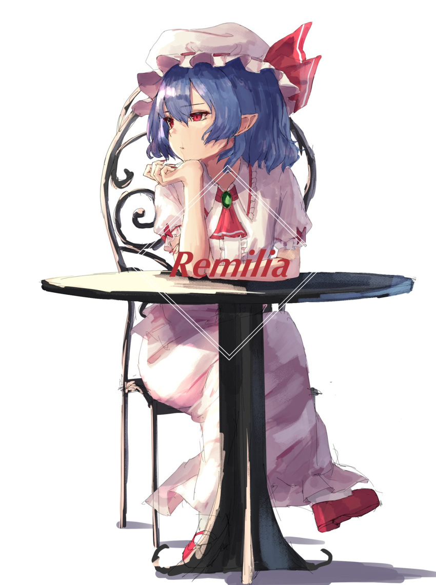1girl ascot bangs blue_hair blush brooch chair chin_rest commentary_request dress fingernails full_body gradient hair_between_eyes hand_up hat hat_ribbon highres jewelry looking_to_the_side manichi mob_cap parted_lips pointy_ears puffy_short_sleeves puffy_sleeves red_eyes red_footwear red_neckwear red_ribbon remilia_scarlet ribbon shadow sharp_fingernails shoes short_hair short_sleeves simple_background sitting solo table touhou white_background white_dress white_headwear