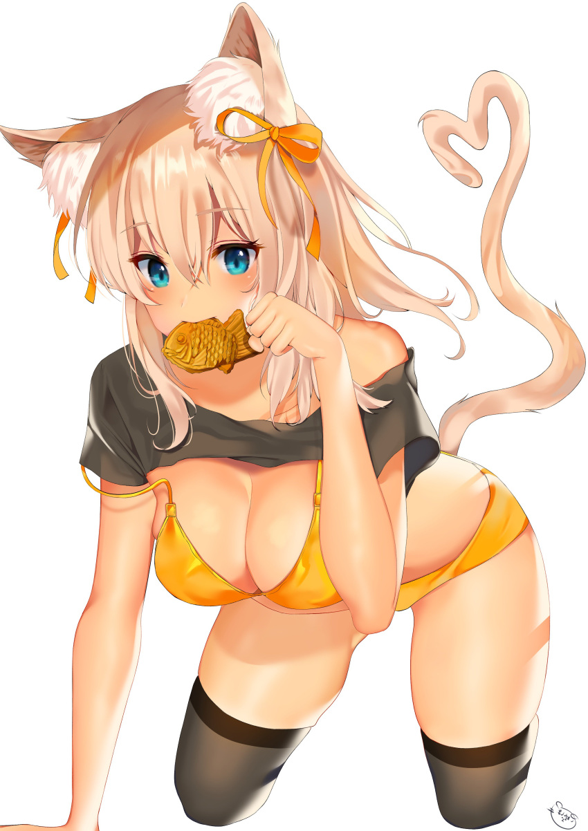 1girl absurdres all_fours animal_ears bent_over bikini black_legwear blonde_hair blue_eyes breasts cat_ears cat_tail cleavage cowboy_shot cropped_legs eyebrows_visible_through_hair food gluteal_fold hair_between_eyes hair_ribbon highres inushima large_breasts light_brown_hair long_hair mouth_hold orange_bikini original paw_pose ribbon simple_background skindentation solo strap_slip swimsuit tail thigh-highs white_background
