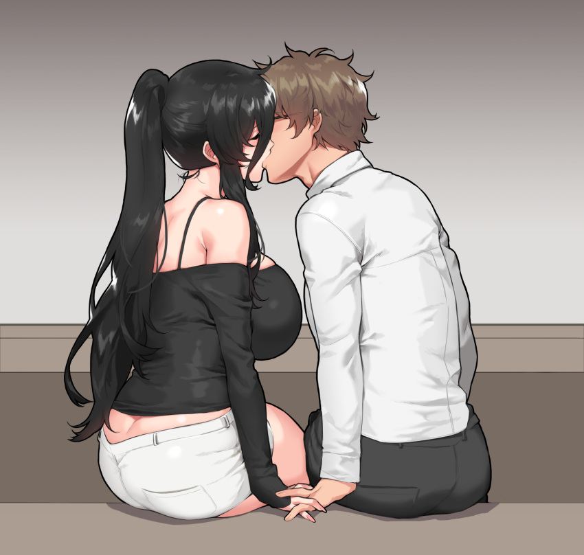 1boy 1girl bangs bare_shoulders black_pants black_sweater breasts brown_hair closed_eyes collared_shirt couple glasses high_ponytail highres interlocked_fingers kiss large_breasts long_hair mimyo off-shoulder_shirt off_shoulder original pants ponytail shirt short_hair short_shorts shorts sidelocks sitting sweater thighs white_shirt white_shorts