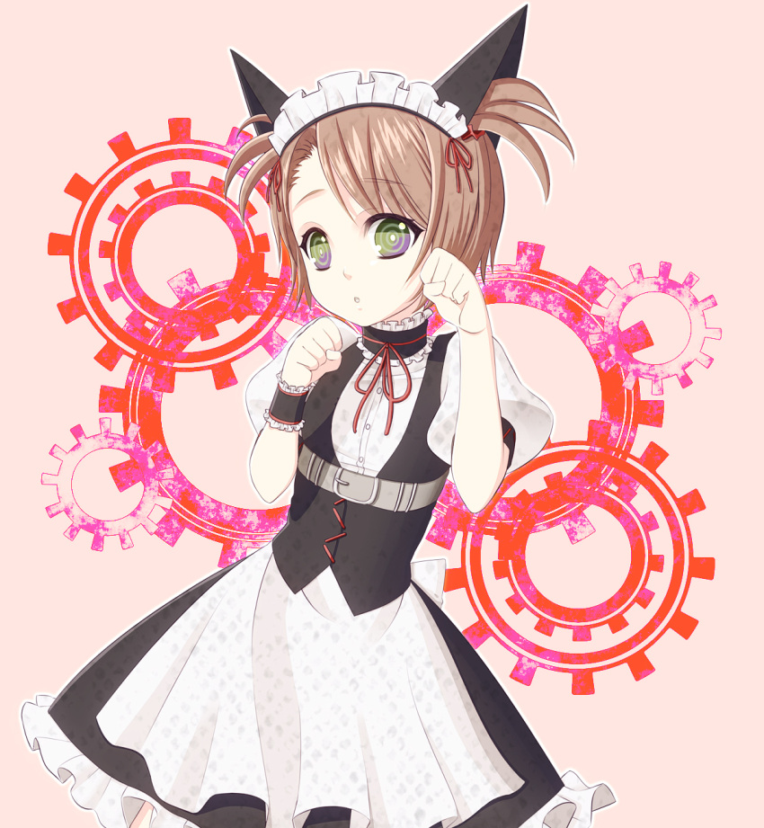 1girl animal_ears apron belt black_skirt brown_hair cat_ears choker contrapposto corset cowboy_shot dress_shirt eyebrows_visible_through_hair fake_animal_ears frilled_skirt frills gears green_eyes highres maid maid_headdress medium_skirt neck_ribbon parted_lips paw_pose pink_background red_ribbon ribbon shinogu_k shirt short_hair short_sleeves short_twintails skirt solo standing steins;gate tennouji_nae twintails waist_apron white_apron white_shirt wrist_cuffs