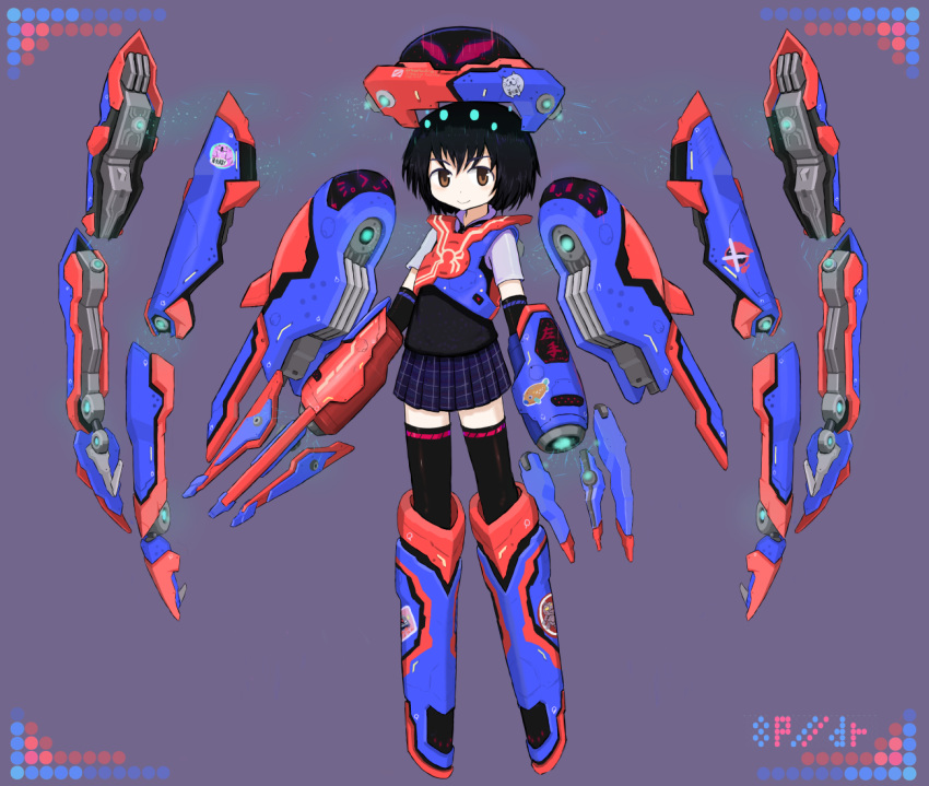 1girl alternate_form arm_cannon black_hair black_legwear brown_eyes date2numata full_body grey_background mechanical_wings necktie peni_parker power_suit short_hair simple_background skirt smile sp//dr spider-man:_into_the_spider-verse spider-man_(series) thigh-highs vest weapon wings
