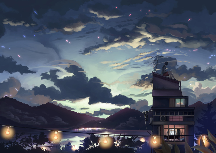 ambiguous_gender bed black_hair blue_sky building choc0_(oda0208) clouds facing_away fan highres lake monitor mountain night night_sky on_roof original scenery shorts sitting sky solo weather_vane window
