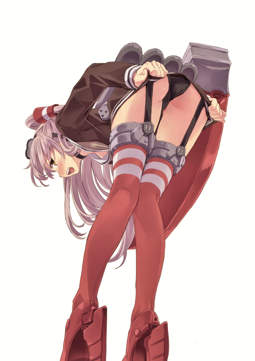 1girl absurdres amatsukaze_(kantai_collection) ass black_panties blush brown_eyes dutch_angle from_behind garter_straps hair_ornament highres kantai_collection long_hair long_sleeves looking_at_viewer looking_back open_mouth panties red_legwear scan solo striped thigh-highs thighs underwear yahako