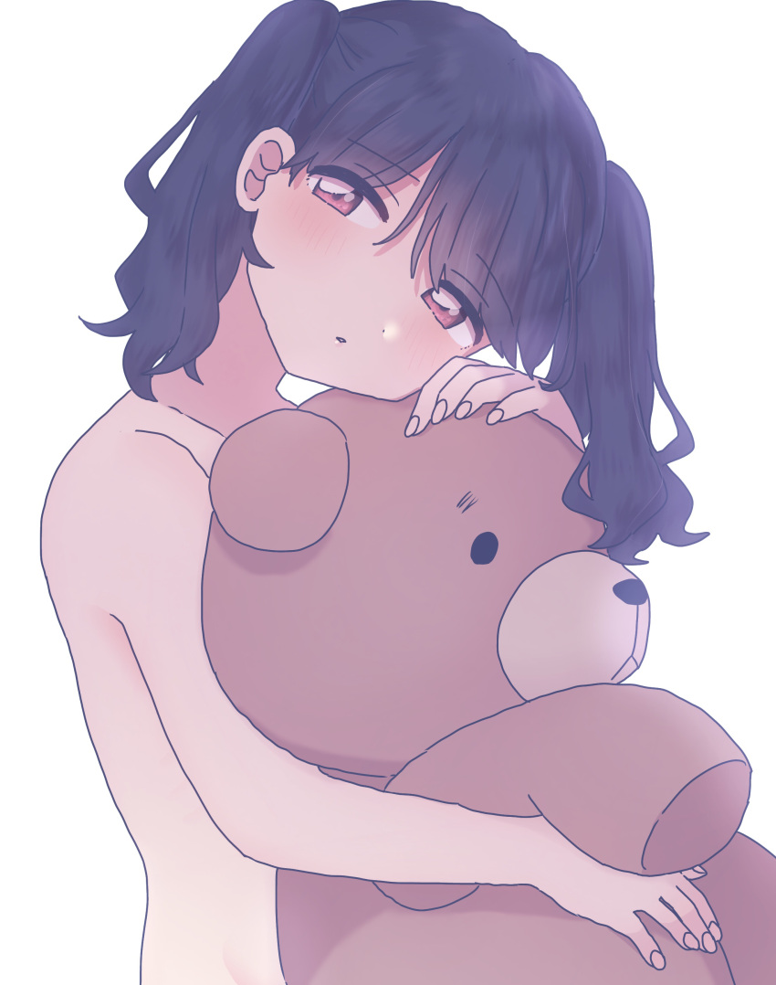 1girl absurdres artist_request black_hair commentary_request convenient_censoring doll_hug fukumaru_koito highres idolmaster idolmaster_shiny_colors looking_at_viewer nude object_hug solo stuffed_animal stuffed_toy teddy_bear twintails upper_body violet_eyes white_background