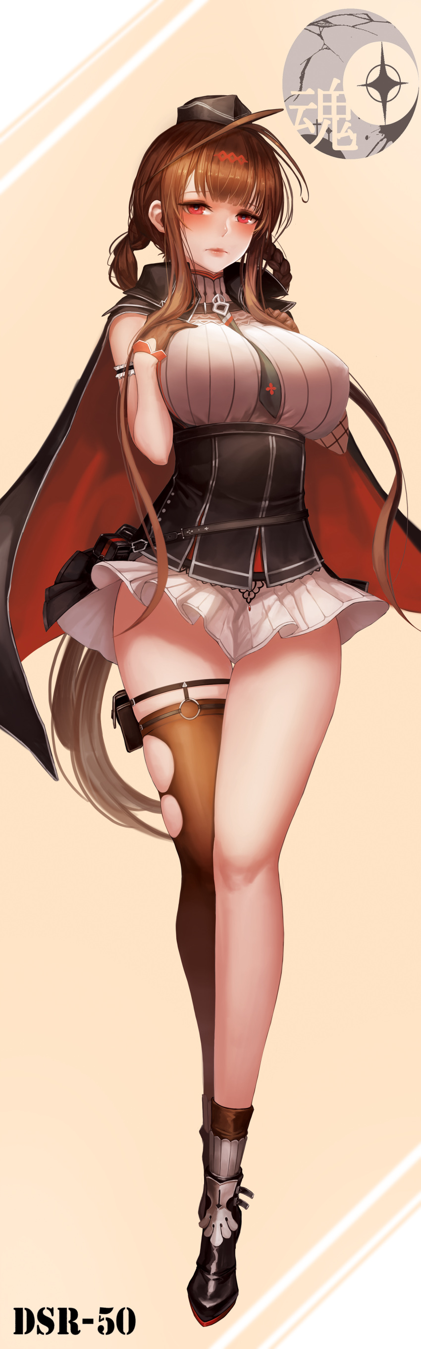1girl absurdres bangs black_gloves blush breasts brown_hair cape dsr-50_(girls_frontline) erect_nipples full_body girls_frontline gloves hat highres kibellin large_breasts long_hair looking_at_viewer necktie red_eyes skirt sleeveless solo thigh-highs thigh_pouch thigh_strap torn_clothes torn_legwear twintails