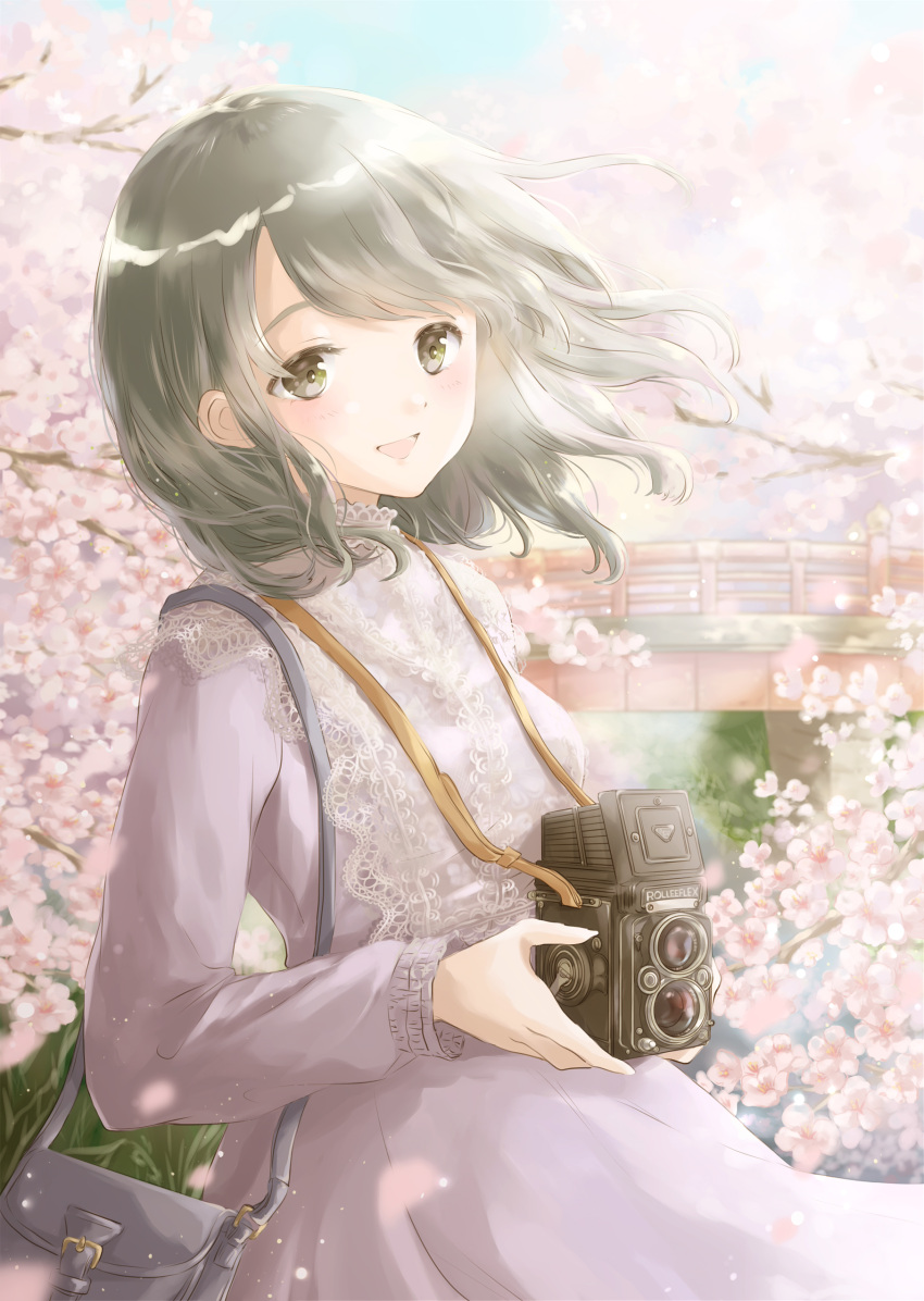 1girl absurdres bag bangs black_hair blurry brand_name_imitation bridge brown_eyes camera cherry_blossoms commentary day depth_of_field dress flower hair_blowing handbag high_collar highres holding holding_camera hoshiibara_mato lace lace-trimmed_dress leaning_back light_particles long_sleeves looking_at_viewer medium_hair open_mouth original outdoors petals purple_dress sleeve_cuffs solo spring_(season) standing swept_bangs thick_eyebrows tree_branch twin-lens_reflex_camera upper_body wind