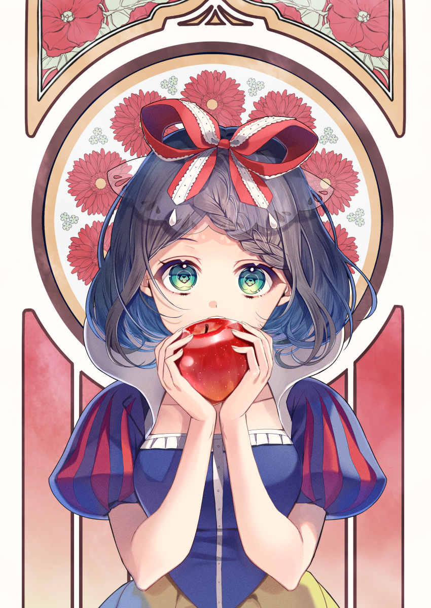 1girl absurdres apple bangs black_hair blue_shirt bow braid breasts chano_hinano commentary_request fingernails flower food fruit green_eyes hair_bow hands_up heart heart-shaped_pupils highres holding holding_food holding_fruit huge_filesize open_mouth parted_bangs puff_and_slash_sleeves puffy_short_sleeves puffy_sleeves red_apple red_bow red_flower see-through shirt short_sleeves skirt small_breasts snow_white snow_white_(grimm) solo symbol-shaped_pupils upper_teeth yellow_skirt