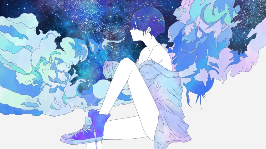 1other alternate_costume androgynous artist_request blue_hair closed_eyes clouds colored_eyelashes eyebrows_visible_through_hair highres houseki_no_kuni open_clothes open_shirt phosphophyllite phosphophyllite_(ll) shirt shoes short_hair sitting sky sneakers spoilers star_(sky) starry_sky white_skin