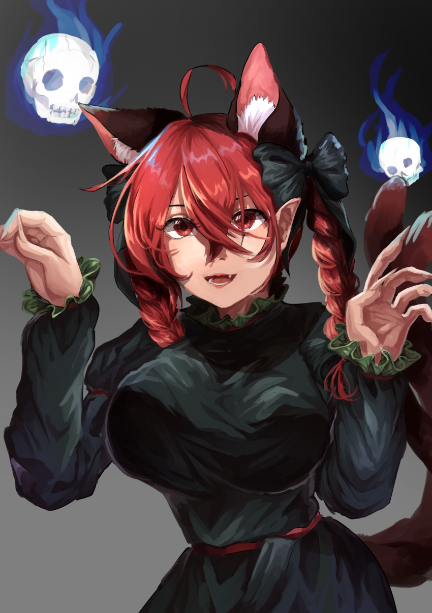 1girl :d absurdres ahoge animal_ears black_background braid breasts cat_ears cat_tail enneh extra_ears fangs gradient gradient_background hair_between_eyes highres hitodama kaenbyou_rin large_breasts long_sleeves looking_at_viewer multiple_tails nekomata open_mouth pointy_ears red_eyes redhead side_braids smile solo tail touhou twin_braids two_tails upper_body