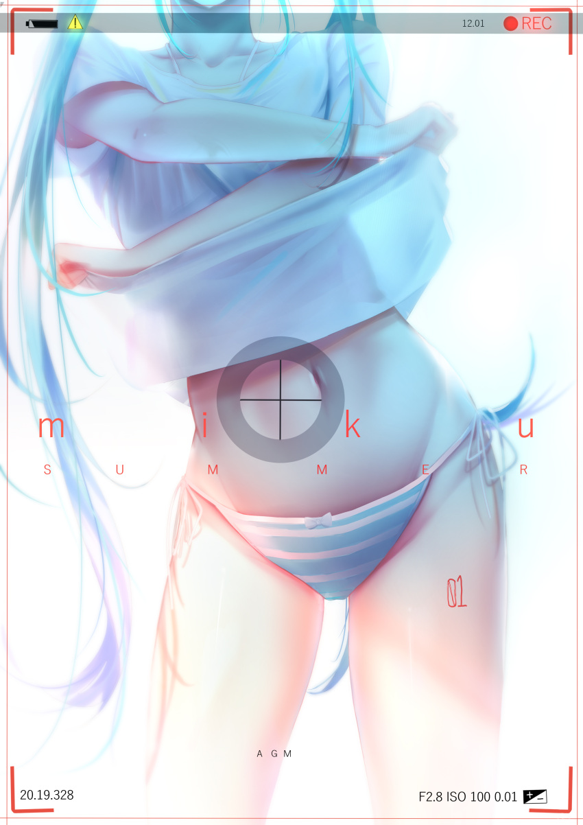 1girl absurdres aqua_hair bikini blue_hair character_name cowboy_shot hatsune_miku head_out_of_frame highres long_hair navel omone_hokoma_agm recording shirt_lift side-tie_bikini solo striped striped_bikini swimsuit twintails viewfinder vocaloid