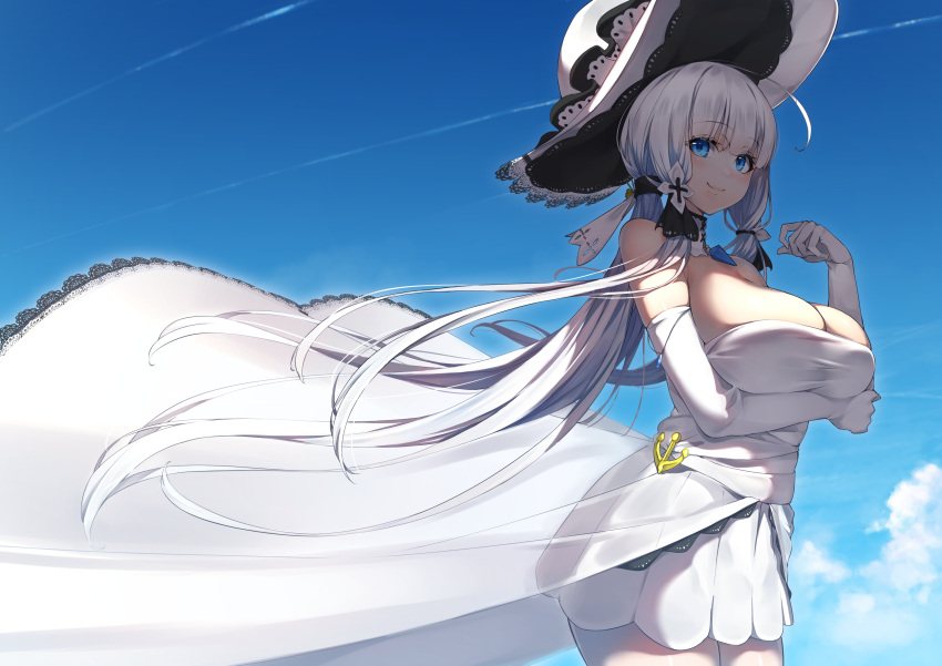 1girl absurdres arm_under_breasts azur_lane bangs bare_shoulders blue_eyes blue_sky blunt_bangs blush breast_hold breasts closed_mouth clouds commentary_request day dress elbow_gloves eyebrows_visible_through_hair eyelashes from_side gloves hair_ribbon hat highres illustrious_(azur_lane) large_breasts long_hair looking_at_viewer looking_back mole mole_under_eye outdoors ribbon sapphire_(gemstone) shoulder_blades silver_hair sky sleeveless sleeveless_dress solo strapless strapless_dress sun_hat tress_ribbon upper_body very_long_hair white_dress white_gloves white_headwear yamanokami_eaka