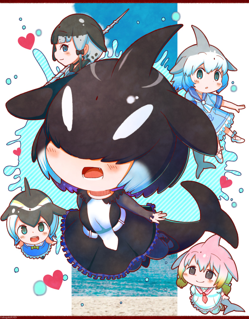 5girls :o absurdres ascot bare_arms black_eyes black_hair blue_eyes blue_hair blush bow bowtie brown_hair chibi chinese_white_dolphin_(kemono_friends) choker closed_mouth collar collared_dress commentary_request common_bottlenose_dolphin_(kemono_friends) common_dolphin_(kemono_friends) covered_eyes dolphin_tail dress eyebrows_visible_through_hair facing_viewer fang frilled_collar frilled_dress frills full_body gradient_hair green_eyes grey_hair hair_between_eyes hair_bow hair_over_eyes head_fins heart highres kemono_friends letterboxed long_sleeves looking_at_another multicolored_hair multiple_girls narwhal_(kemono_friends) necktie open_mouth orca_(kemono_friends) pantyhose pink_hair rakugakiraid sailor_collar shoes short_hair short_sleeves side_ponytail smile splashing tail twintails water white_hair