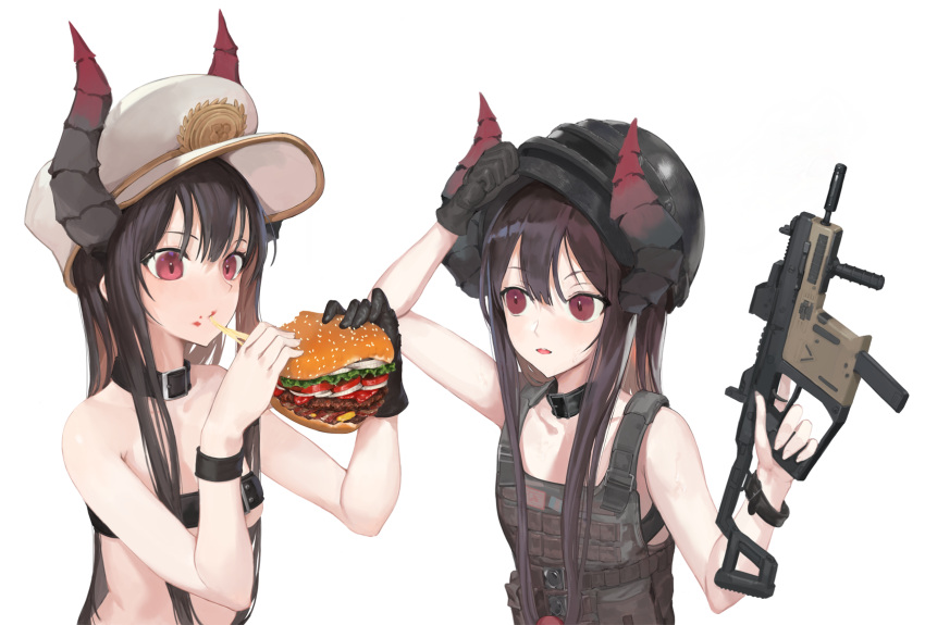 1girl arm_up bangosu bangs bare_arms bare_shoulders beef beltbra black_gloves black_hair breasts brown_hair buckle cheese cheese_trail collar collarbone commentary_request copyright_request curled_horns demon_horns eating eyebrows_visible_through_hair fingernails food food_on_face gloves gun hair_between_eyes hamburger hat highres holding holding_food holding_gun holding_weapon horns long_hair looking_away mask mask_on_head military_hat multiple_girls multiple_views onion open_mouth playerunknown's_battlegrounds red_eyes round_teeth salad sidelocks simple_background single_glove small_breasts sweatband teeth tomato trigger_discipline under_boob upper_body upper_teeth v-shaped_eyebrows very_long_hair virtual_youtuber weapon weapon_request white_background white_headwear