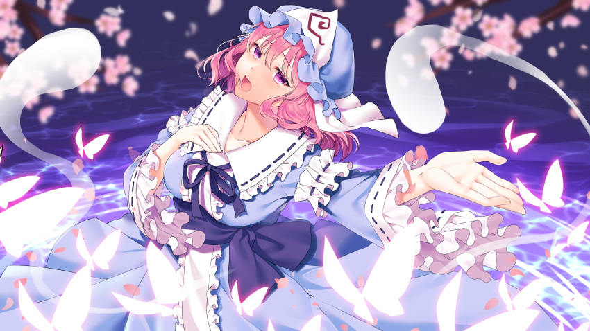 1girl absurdres bangs blue_headwear blue_kimono blue_ribbon blurry blurry_background breasts bug butterfly cherry_blossoms colored_eyelashes frilled_kimono frilled_shirt_collar frilled_sleeves frills glowing_butterfly hair_between_eyes hat highres hitodama hizuki_higure insect japanese_clothes kimono large_breasts long_sleeves looking_at_viewer mob_cap music obi petals pink_hair reflective_eyes ribbon ribbon-trimmed_collar ribbon-trimmed_sleeves ribbon_trim ripples saigyouji_yuyuko sash short_hair singing solo touhou triangular_headpiece veil violet_eyes wading water wide_sleeves wind