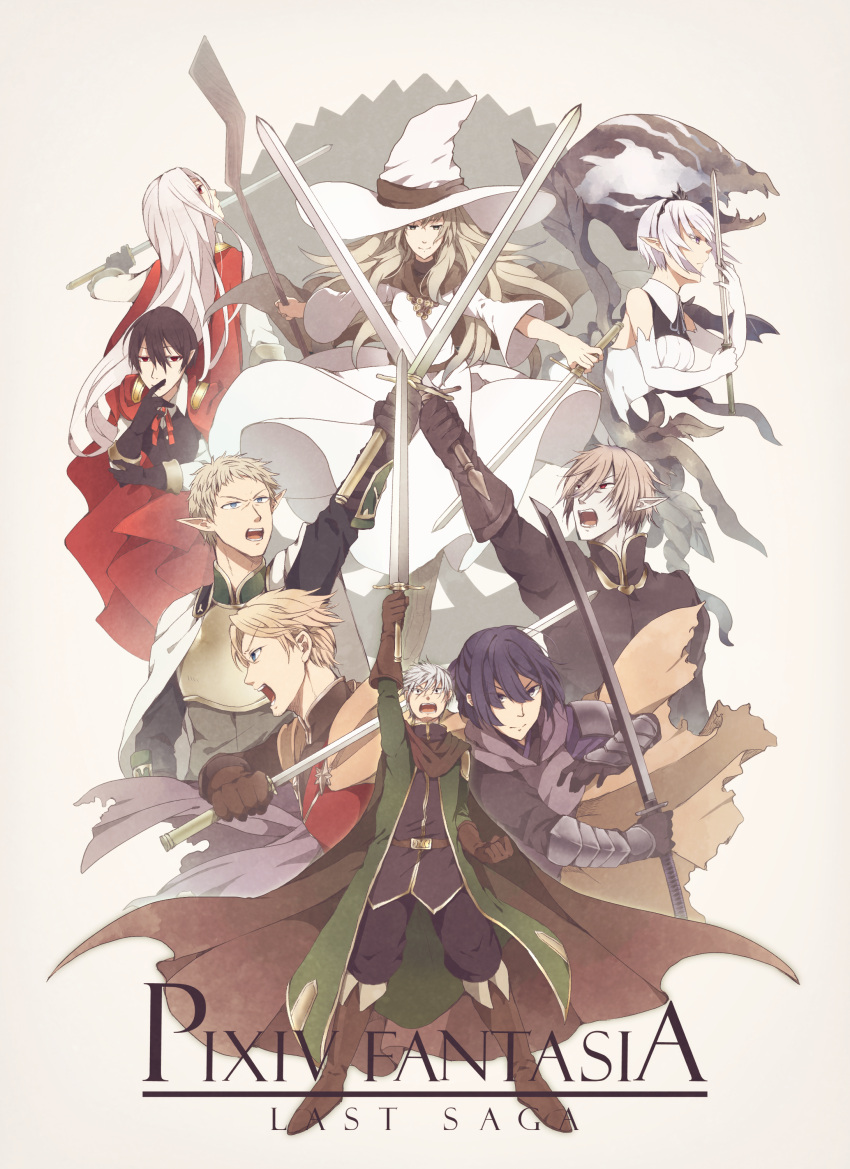 4girls 5boys :o absurdres armor belt black_gloves blonde_hair blue_eyes bracer brown_cape brown_gloves cape clenched_hand copyright_name crossed_swords dress dual_wielding elbow_gloves elion_the_king_of_spirits erebas_the_demon_king ethan_the_exiled_hero gideon_(pixiv_fantasia_last_saga) gloves hat hayakawaseli highres holding holding_staff holding_sword holding_weapon inna_the_queen_of_the_ruined_country miracera_master_of_the_magic_institute multiple_boys multiple_girls niggurath_the_ancient_tree_branch pale_skin pixiv_fantasia pixiv_fantasia_last_saga pointy_ears red_cape shouting simple_background sleeveless sleeveless_dress staff sword vector_guild_chief weapon white_gloves white_hair white_headwear white_robe wizard_hat yellow_cape