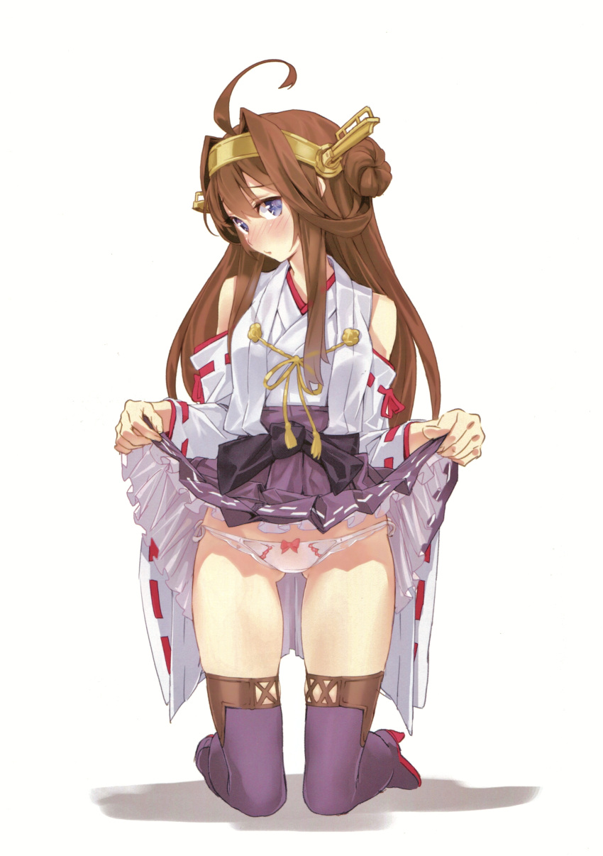 1girl absurdres ahoge bangs bare_shoulders blush bow bow_panties brown_hair closed_mouth eyebrows_visible_through_hair full_body gluteal_fold hair_bun hair_ornament hairband highres japanese_clothes kantai_collection kongou_(kantai_collection) lifted_by_self long_hair looking_at_viewer nontraditional_miko panties scan shadow side-tie_panties simple_background skirt skirt_lift solo thigh-highs underwear violet_eyes white_background white_panties wide_sleeves yahako