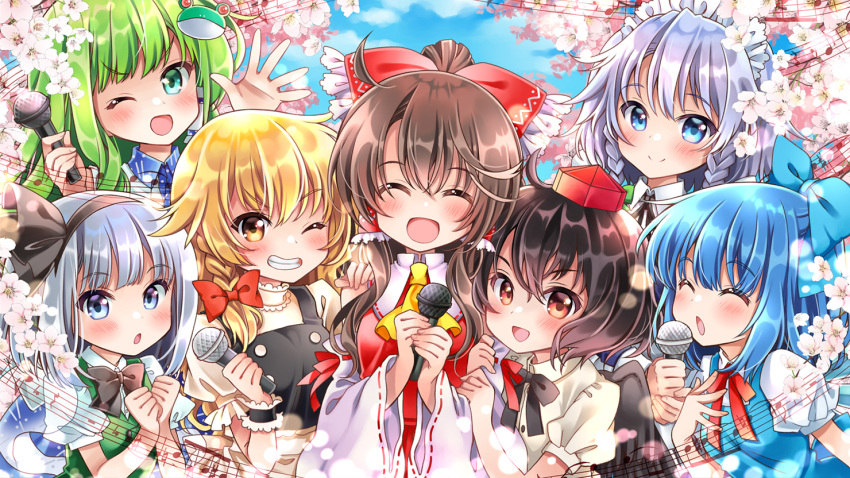 6+girls :d :o ^_^ ^o^ ahoge aqua_eyes arm_hug arms_up black_hair black_neckwear black_vest blonde_hair blue_dress blue_eyes blue_hair blue_sky blush bow bowtie braid brown_hair cherry_blossoms chibi cirno clenched_hands closed_eyes closed_eyes clouds commentary_request cravat day detached_sleeves dress eyebrows_visible_through_hair frog_hair_ornament green_hair green_vest grey_eyes grin hair_bow hair_ornament hair_ribbon hair_tubes hakurei_reimu hand_on_another's_shoulder hand_on_own_chest hat holding holding_microphone izayoi_sakuya kawanobe kirisame_marisa kochiya_sanae konpaku_youmu long_hair looking_at_viewer maid_headdress microphone multiple_girls musical_note neck_ribbon no_headwear one_eye_closed open_hand open_mouth outdoors pinafore_dress puffy_short_sleeves puffy_sleeves red_eyes red_neckwear red_vest ribbon ribbon-trimmed_sleeves ribbon_trim shameimaru_aya shiny shiny_hair shirt short_hair short_sleeves silver_hair single_braid sky smile staff_(music) teeth tokin_hat touhou tress_ribbon triangle_mouth twin_braids upper_body very_long_hair vest white_shirt yellow_eyes yellow_neckwear