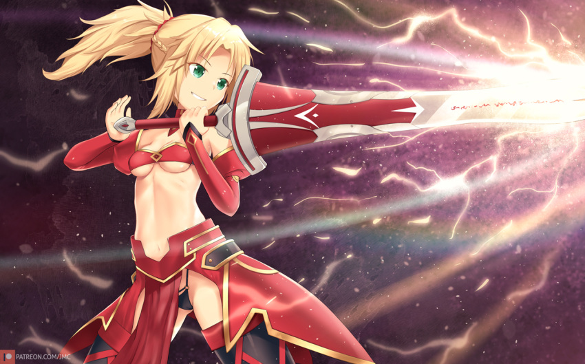 1girl bangs bare_shoulders black_panties blonde_hair braid breasts commentary_request detached_sleeves energy fate/grand_order fate_(series) green_eyes hair_ornament hair_scrunchie holding holding_sword holding_weapon joko_jmc long_hair long_sleeves mordred_(fate) mordred_(fate)_(all) navel panties patreon_username ponytail red_scrunchie scrunchie small_breasts smile solo standing sword underwear weapon