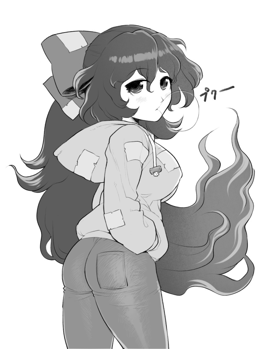 1girl ass bangs blush bubble_blowing chewing_gum cowboy_shot debt denim dept drawstring eyebrows_visible_through_hair floating_hair from_side greyscale hair_between_eyes hand_in_pocket highres hood hood_down hoodie jeans long_hair long_sleeves looking_at_viewer looking_to_the_side monochrome pants pocket ponytail simple_background solo standing touhou twisted_torso very_long_hair white_background yonaki yorigami_shion