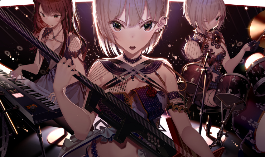 3girls armlet atha_(leejuiping) bangs blush breasts collarbone crop_top dress drum drum_set drumsticks earrings electric_guitar eyebrows_visible_through_hair girls_frontline green_eyes guitar hair_between_eyes highres holding holding_instrument instrument jewelry js05_(girls_frontline) large_breasts long_hair looking_at_viewer mg5_(girls_frontline) midriff multiple_earrings multiple_girls music one_eye_closed open_mouth piano playing_instrument purple_hair red_eyes short_hair silver_hair sitting spikes very_long_hair wa2000_(girls_frontline)