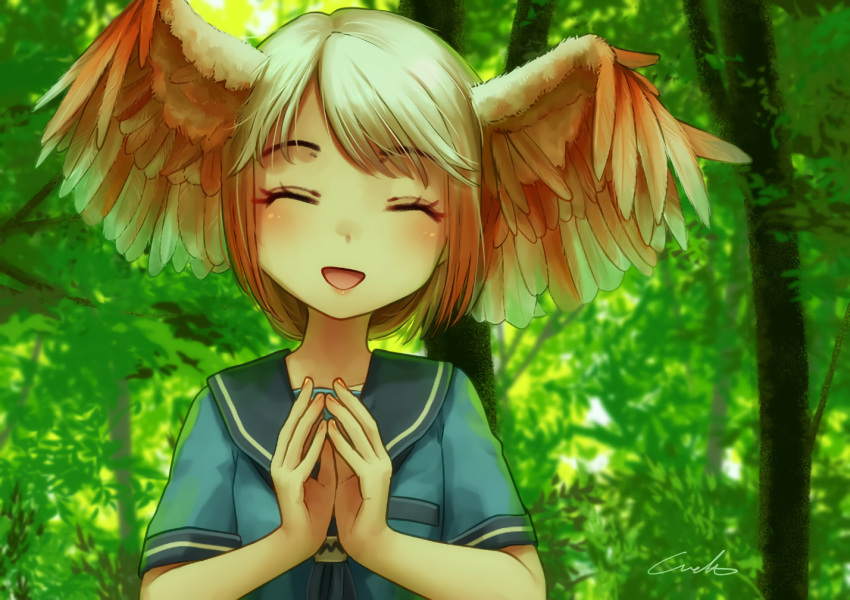 1girl :d ^_^ blue_serafuku closed_eyes closed_eyes commentary_request day facing_viewer forest gradient_hair hands_together happy head_wings multicolored_hair nature open_mouth original outdoors redhead short_hair short_sleeves signature smile solo spread_wings steepled_fingers tokiko_(welt_(kinsei_koutenkyoku)) upper_body welt_(kinsei_koutenkyoku) white_hair