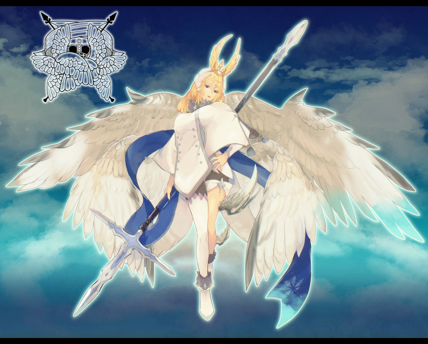 absurdres asymmetrical_legwear blonde_hair blue_eyes blue_sky clouds crown feathered_wings full_body grey_scarf hair_ornament hair_wings hand_on_hip highres holding_polearm huge_filesize long_hair long_sleeves looking_at_viewer nail_polish outdoors pixiv_fantasia pixiv_fantasia_last_saga red_nails rererenoren scarf sky trudy_(pixiv_fantasia_last_saga) white_legwear white_wings wings