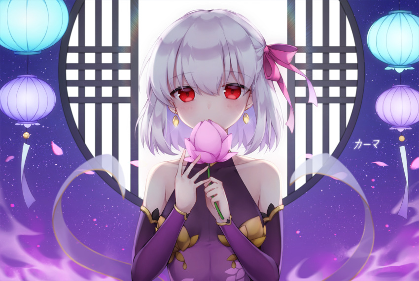 1girl bangs bare_shoulders blush bow breasts closed_mouth commentary_request covered_collarbone detached_sleeves dress earrings eyebrows_visible_through_hair fate/grand_order fate_(series) flower hair_between_eyes hair_bow holding holding_flower jewelry kama_(fate/grand_order) lantern long_sleeves looking_at_viewer paper_lantern pink_flower pong_(vndn124) purple_dress purple_sleeves red_bow red_eyes round_window short_hair silver_hair sleeveless sleeveless_dress small_breasts solo upper_body