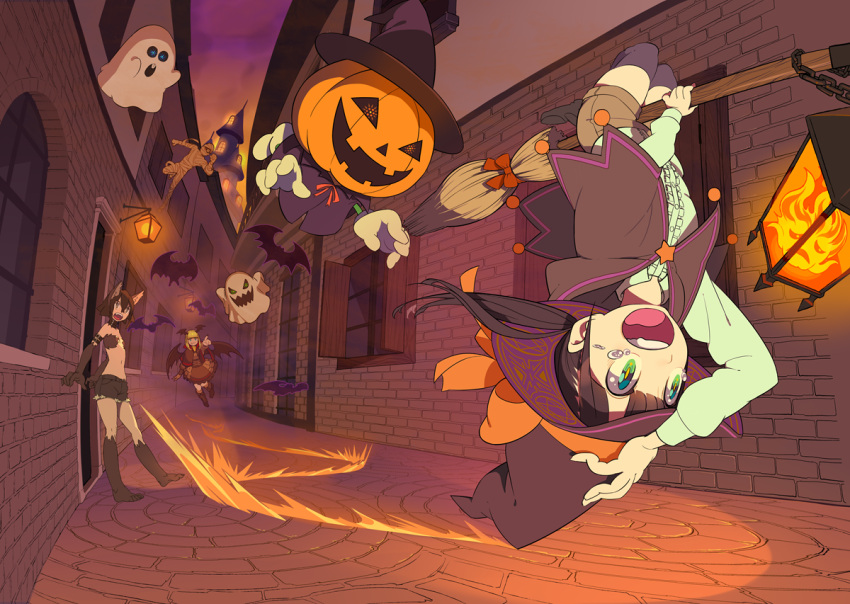 3girls animal_ears bangs bat black_gloves black_hair black_shorts blonde_hair blunt_bangs bow breasts broom broom_riding brown_shorts cat_ears flying ghost gloves hair_between_eyes halloween hand_on_headwear hat head_wings jack-o'-lantern lantern long_hair long_sleeves multiple_girls mummy_costume navel nobile1031 open_mouth original outdoors pointing red_bow shirt short_hair shorts small_breasts star tears white_gloves white_shirt window witch witch_hat