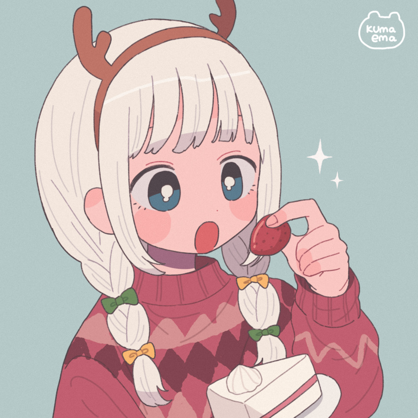 1girl bangs blue_eyes bow braid bright_pupils cake cake_slice fake_antlers food fruit green_bow grey_background hair_bow headband highres holding holding_food holding_fruit long_sleeves nokanok open_mouth original plate red_sweater signature simple_background solo sparkle strawberry sweater twin_braids white_pupils yellow_bow