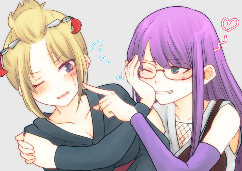 2girls absurdres arm_around_back bare_shoulders blonde_hair blush breasts collarbone detached_sleeves embarrassed eyebrows_visible_through_hair folded_ponytail gintama glasses grin hand_on_another's_shoulder highres japanese_clothes kimono large_breasts long_hair multiple_girls one_eye_closed paleatus purple_hair red-framed_eyewear sarutobi_ayame scar scarf simple_background smile tsukuyo_(gintama) violet_eyes
