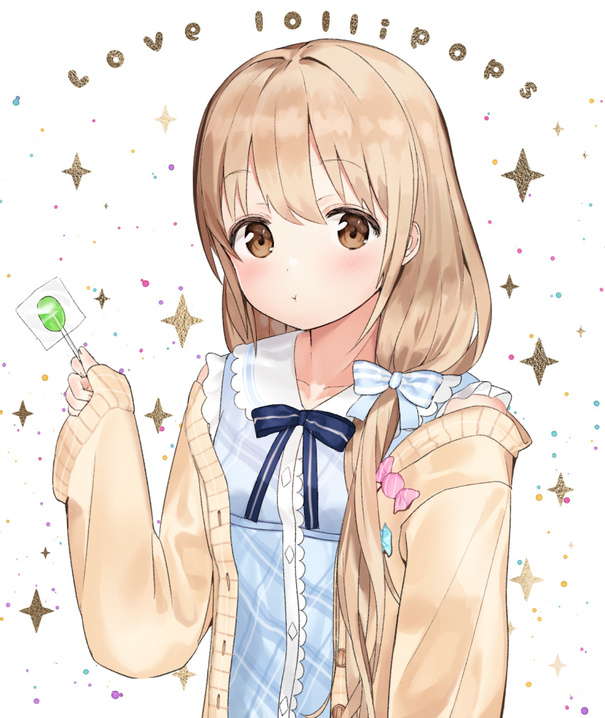 1girl :t bangs blue_bow blue_dress blush bow brown_cardigan brown_eyes brown_hair candy cardigan closed_mouth collarbone collared_dress commentary_request dress eyebrows_visible_through_hair food futaba_anzu hair_between_eyes highres holding holding_food holding_lollipop idemitsu idolmaster idolmaster_cinderella_girls lollipop long_hair long_sleeves low_twintails open_cardigan open_clothes plaid plaid_dress pout sleeveless sleeveless_dress sleeves_past_wrists solo sparkle striped striped_bow twintails upper_body very_long_hair white_background