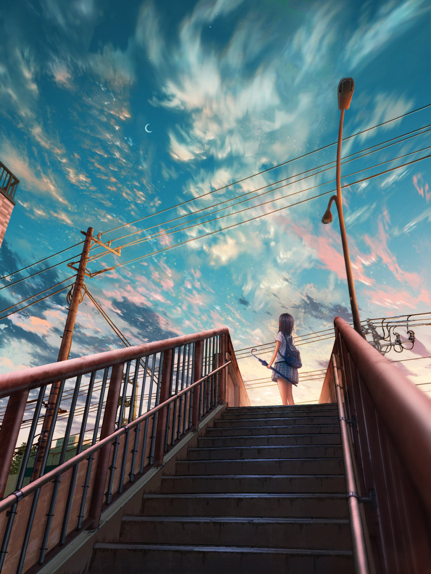 1girl backpack bag blue_skirt blue_sky brown_hair building clouds commentary crescent_moon evening facing_away feet_out_of_frame from_below highres lamppost looking_up moon original pedestrian_bridge plaid plaid_skirt pleated_skirt scenery shirt short_hair shuu_illust skirt sky solo tree utility_pole white_shirt