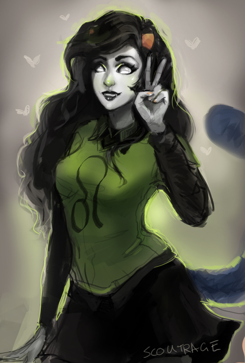 black_hair homestuck long_hair looking_at_viewer meulin_leijon peace_sign scoutrage simple_background smile