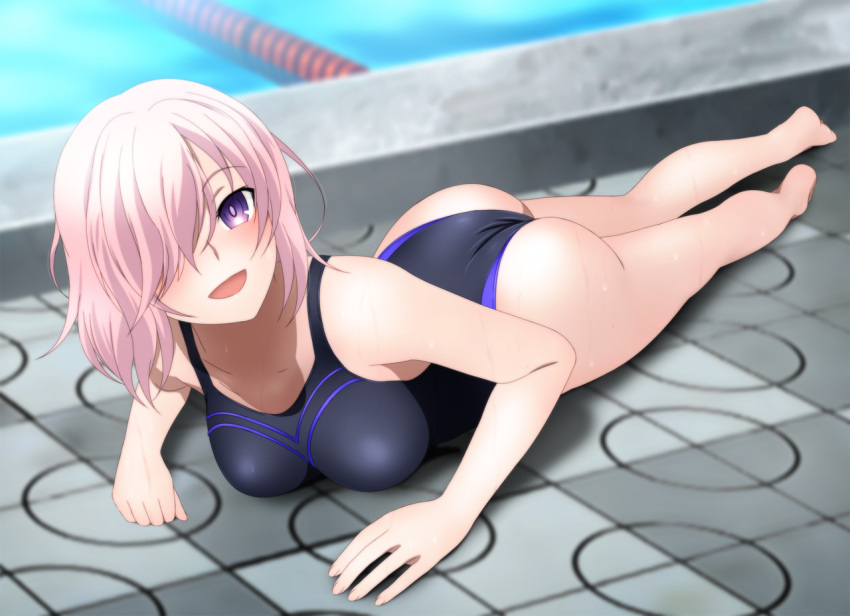 1girl :d adapted_costume ass barefoot black_swimsuit blush casual_one-piece_swimsuit collarbone fate/grand_order fate_(series) full_body hair_over_one_eye long_hair looking_at_viewer lying mash_kyrielight on_stomach one-piece_swimsuit open_mouth outdoors pool shiny shiny_skin silver_hair smile solo swimsuit violet_eyes yadokari_genpachirou