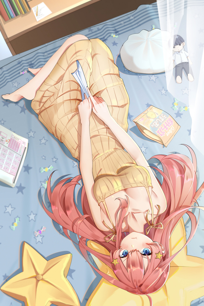 &gt;:t 1girl :t absurdres ahoge bag bangs barefoot bed blue_eyes blush book breasts candy character_doll cleavage closed_mouth collarbone dress food full_body glasses go-toubun_no_hanayome hair_between_eyes hair_ornament highres indoors kongbai large_breasts long_hair looking_at_another looking_at_viewer lying nakano_itsuki on_back on_bed orange_dress pillow pout redhead ribbed_dress sleeveless sleeveless_dress solo star star_hair_ornament star_pillow star_print uesugi_fuutarou v-shaped_eyebrows