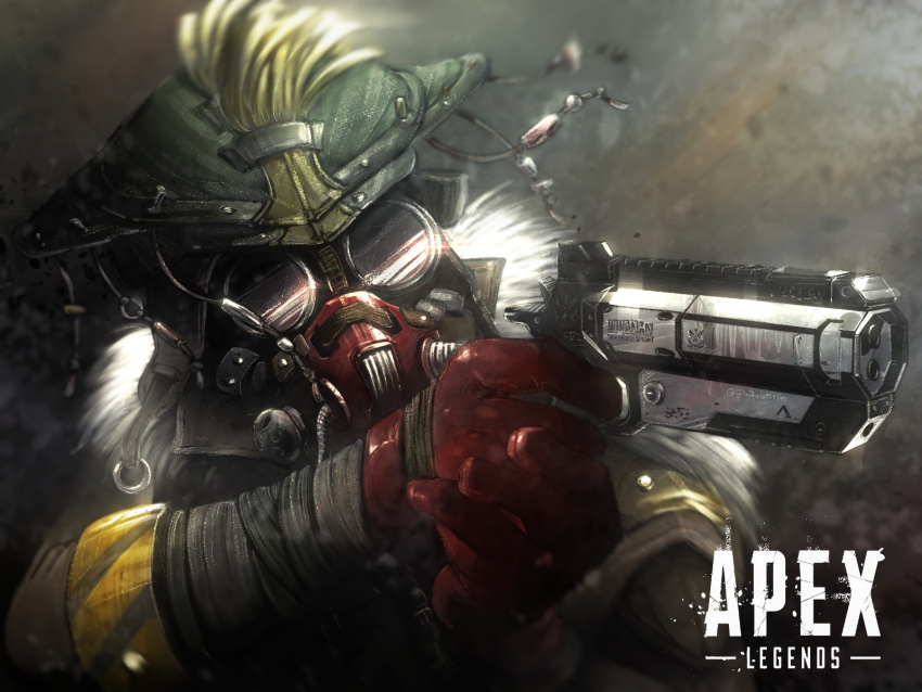 1other apex_legends bandage bandaged_arm bandages bloodhound_(apex_legends) commentary commentary_request copyright_name facing_viewer finger_on_trigger fur_trim gloves goggles green_headwear gun handgun hands_up hat headgear highres holding holding_gun holding_weapon knife mask pauldrons pipitasout pistol red_gloves solo standing upper_body weapon