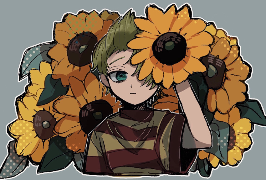 1boy blonde_hair blue_eyes closed_mouth flower grey_background highres holding holding_flower leaf looking_at_viewer lucas mother_(game) mother_3 nintendo raised_eyebrow shirt short_hair simple_background solo striped striped_shirt sunflower