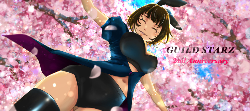 1girl animal_ears black_bra black_legwear black_shorts blue_shirt bra breasts brown_hair cherry_blossoms chi_wa cleavage closed_eyes day from_below guildstars large_breasts lens_flare micro_shorts open_clothes open_shirt outdoors outstretched_arms parted_lips petals rabbit_ears shirt short_hair short_sleeves shorts solo thigh-highs unbuttoned unbuttoned_shirt underwear