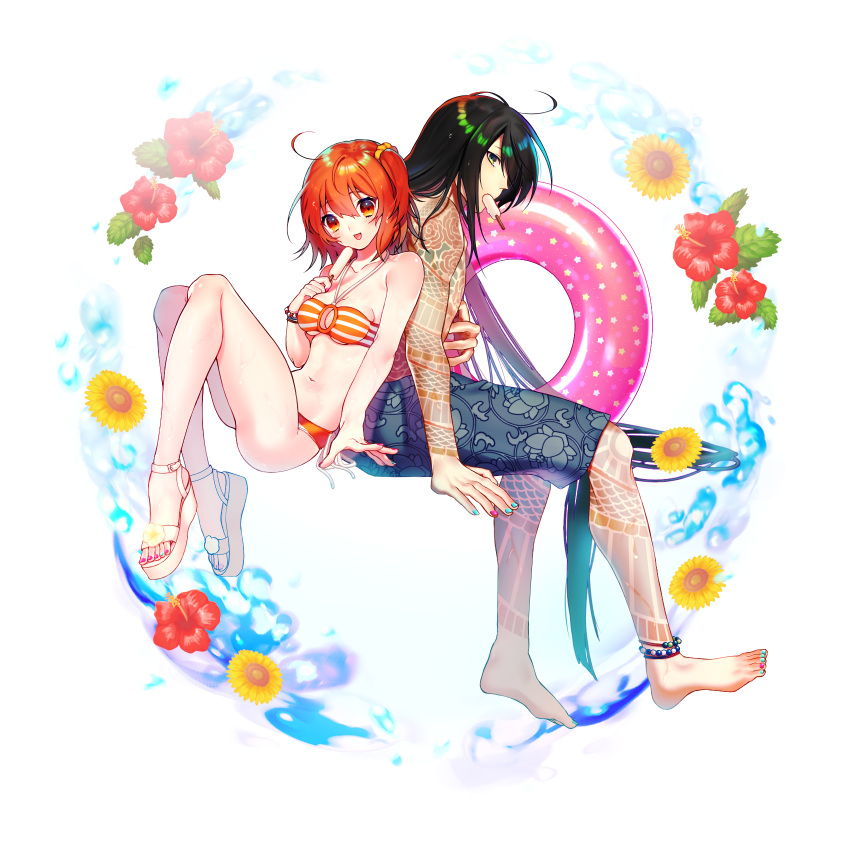 1boy 1girl :d ahoge ai_(blacktea_milk) anklet barefoot bikini black_hair collarbone couple fate/grand_order fate_(series) floating_hair flower fujimaru_ritsuka_(female) full_body full_body_tattoo hair_between_eyes hair_ornament hair_over_one_eye hair_scrunchie halterneck hibiscus highres holding innertube invisible_chair jewelry long_hair looking_at_viewer male_swimwear mouth_hold multicolored multicolored_nails nail_polish navel open_mouth orange_bikini orange_eyes orange_hair orange_scrunchie red_flower red_nails ribbon scrunchie shiny shiny_hair short_hair side_ponytail sitting smile star star_print striped_bikini_top swimsuit swimwear tattoo toenail_polish very_long_hair white_background white_ribbon yan_qing_(fate/grand_order) yellow_flower