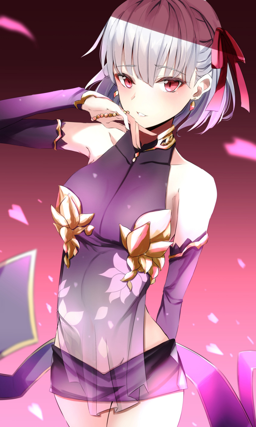 1girl arm_behind_back bangs bare_shoulders blush breasts collarbone commentary_request detached_sleeves dress earrings eyebrows_visible_through_hair fate/grand_order fate_(series) hair_between_eyes hair_ribbon highres jewelry ka1se1 kama_(fate/grand_order) long_sleeves looking_at_viewer purple_dress red_eyes red_ribbon ribbon see-through short_hair silver_hair sleeveless smile solo